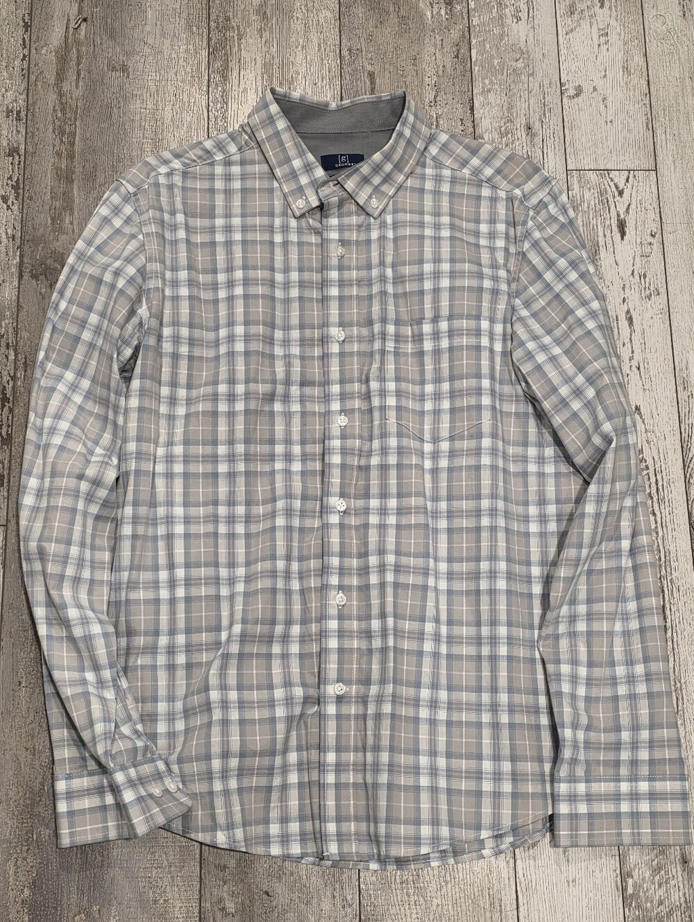 (L) 42-44 Men's George Cotton Flex Button-down Shirt Gray Blue Plaid Classic Fit